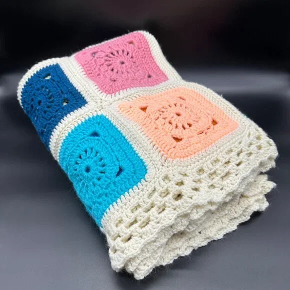 Handmade Crochet Afghan Throw Blanket Rainbow Squares Vintage White Ruffled Edge - Picture 1 of 6